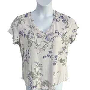 Laura Ashley Cream Floral Print Ribbed Short Sleeve V-Neck Top Women’s Large